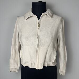 St. John Sport Ivory Full Zip Cardigan Gol‎ Accent Sz Petite Cropped